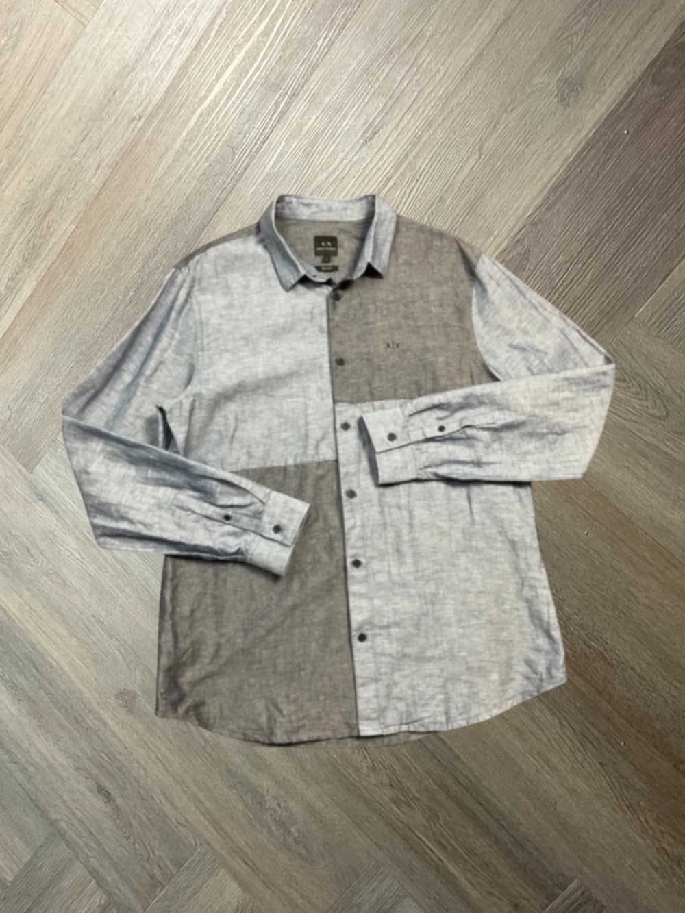 Vintage AX Armani Exchange Linen Colorblock Shirt Mens Large Blue Gray Retro Y2K